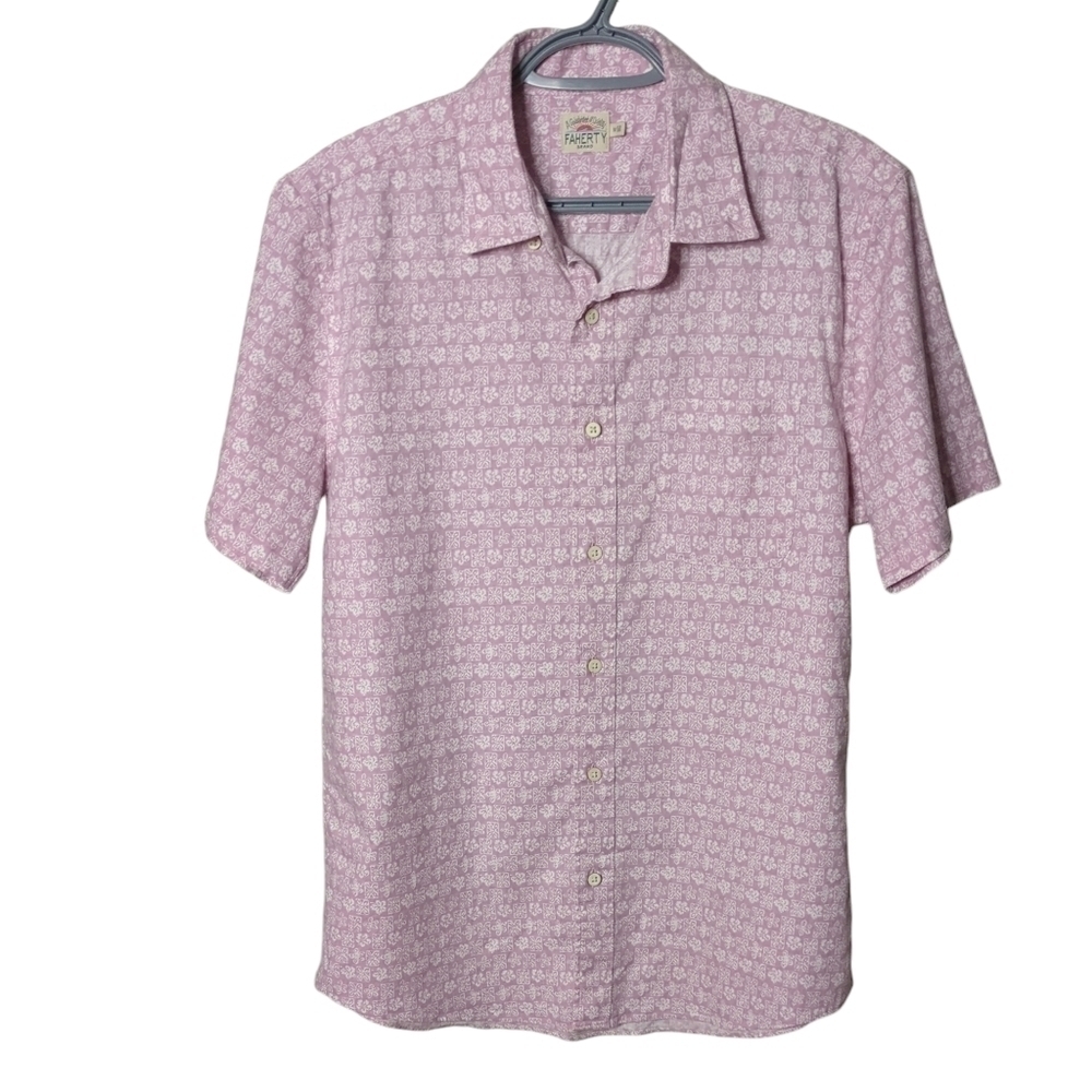 Faherty Men's Short Sleeve Breeze Shirt Mauve Pacific‎ Tile Size M Hemp/Lyocell